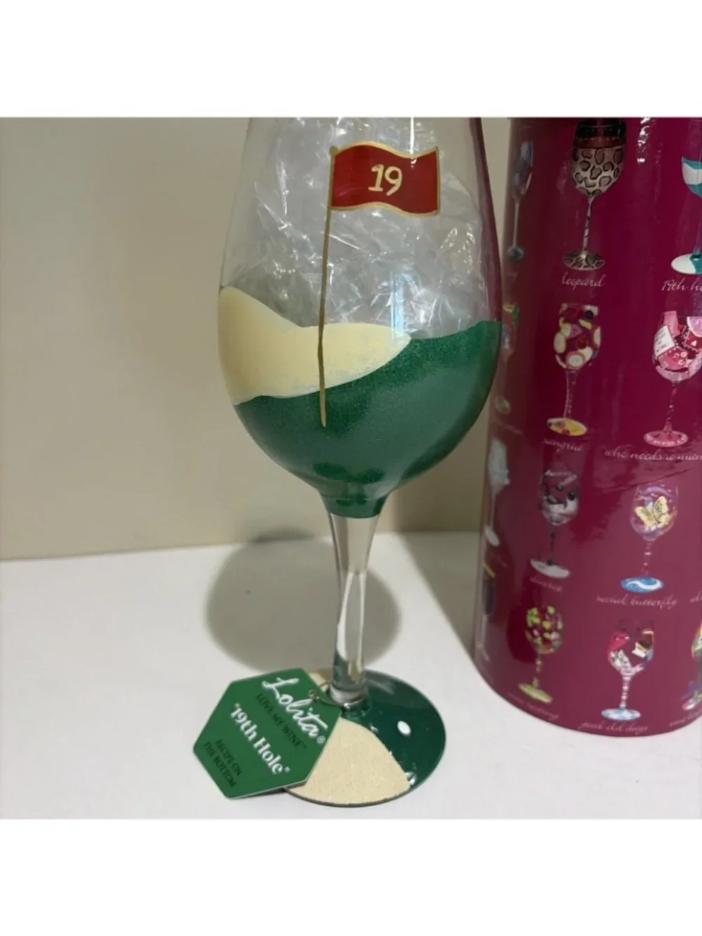 Lolita Love My Wine 19th Hole Wine Glass Golf Course Handpainted 15 oz NEW